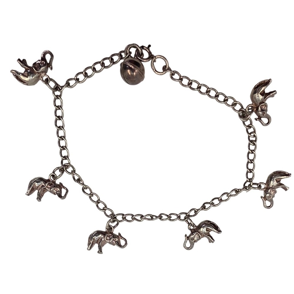 925 Sterling Silver Elephant Charm Bracelet with Bell Good Luck Jewelry 11.42g